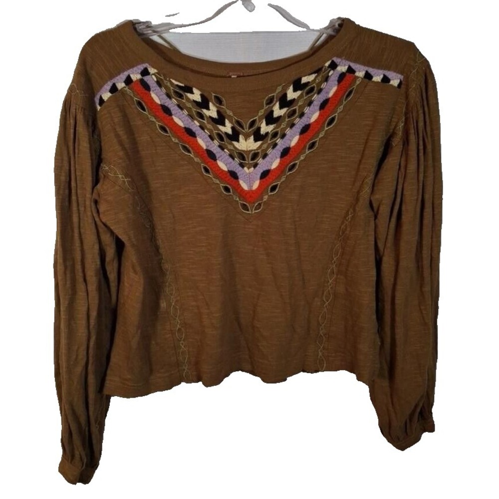 Free People Brown Cropped Shirt with Colorful Design at neck size XS Boho